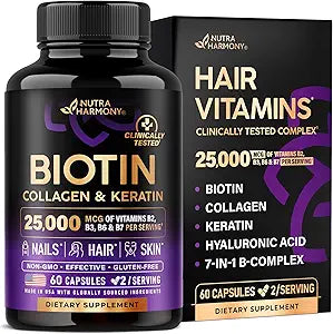 Nutraharmony Biotin, Collagen & Keratin – Hair Growth, Skin & Nails Supplement – 25,000 mcg with Hyaluronic Acid & B-Complex – Non-GMO, Made in USA – 60 Capsules