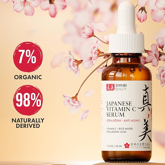Shinbi Beauty Japanese Vitamin C Serum with Rice Water & Hyaluronic Acid – Brightening, Anti-Aging, Anti-Wrinkle – J-Beauty Glow – 1oz