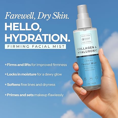 Clear Beauty Hyaluronic Acid & Collagen Face Mist – Moisturizing, Anti-Aging, 95% Natural, Dermatologist Tested, Cruelty-Free, 4 oz