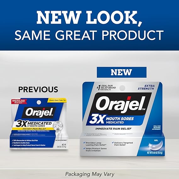Orajel 3X Mouth Sore Gel – 20% Benzocaine – Maximum Strength Pain Relief – 0.42 oz Tube