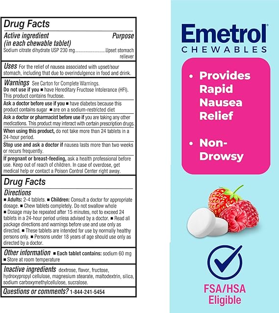Emetrol Chewable Nausea Relief – Mixed Berry – 60 Tablets – Non-Drowsy, Fast-Acting Upset Stomach Medicine