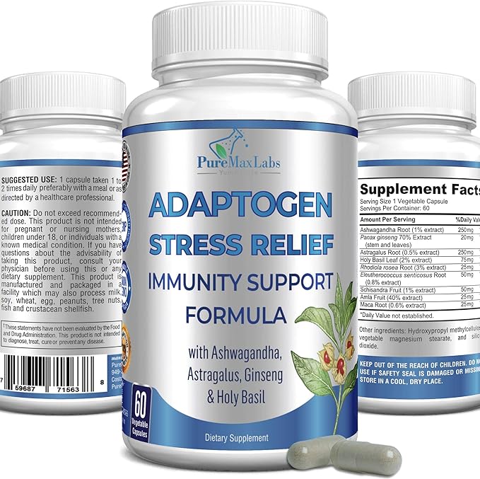 Adaptogen Stress Relief & Immune Support – 9-Herb Adrenal Formula with Ashwagandha, Astragalus, Rhodiola & Maca – Non-GMO – 60 Capsules