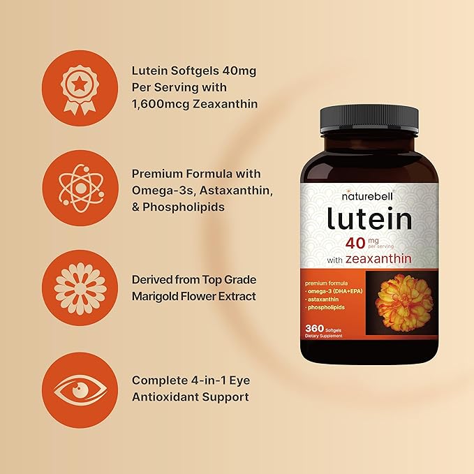 Lutein 40mg + Zeaxanthin 1600mcg – 4-in-1 Eye Support with Astaxanthin, Omega-3, Phospholipids & Marigold Extract – Non-GMO, Gluten-Free – 360 Softgels (Value Size)