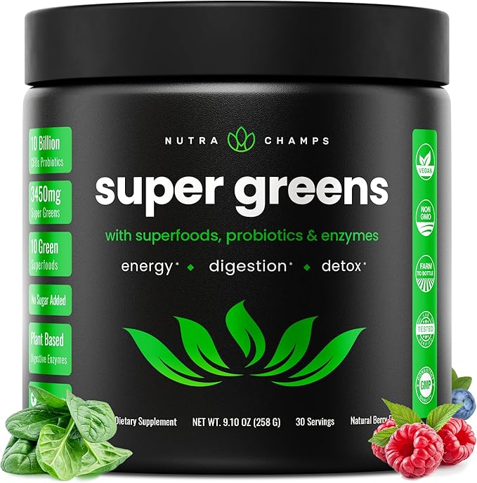 NutraChamps Super Greens Powder – Organic Superfood Blend with Spirulina, Chlorella, Wheatgrass, Probiotics & Digestive Enzymes – Berry Flavor – 9 oz