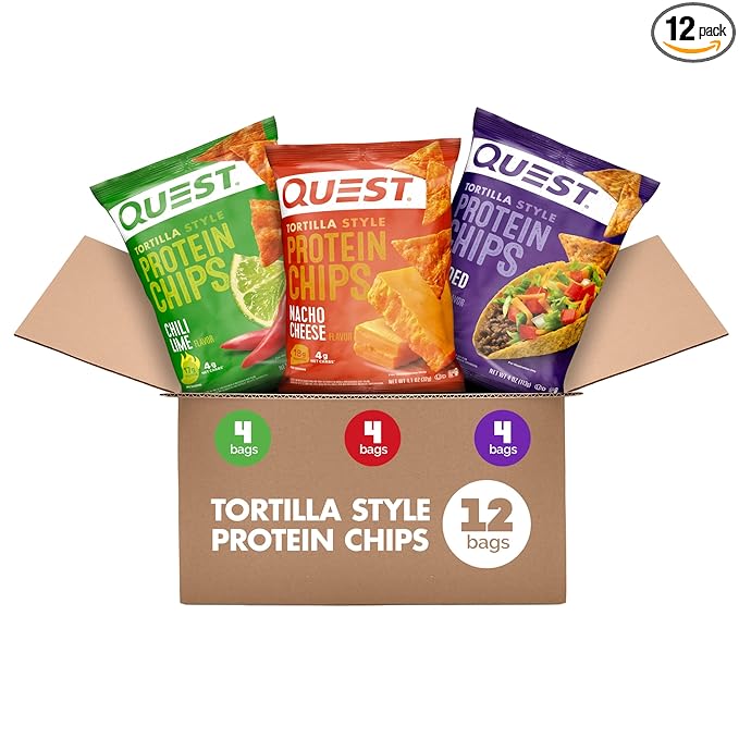 Quest Nutrition Tortilla Style Protein Chips Variety Pack – Chili Lime, Nacho Cheese & Loaded Taco, 12 Pack, Low Carb & Gluten-Free