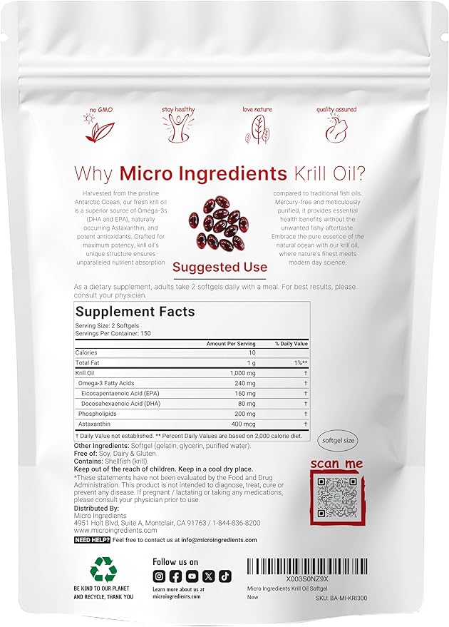 Micro Ingredients Antarctic Krill Oil – 1000mg per Serving – Omega-3 EPA, DHA, Phospholipids & Astaxanthin – Heart, Brain, Joint Support – Non-GMO, Gluten-Free – 300 Softgels (Value Size)