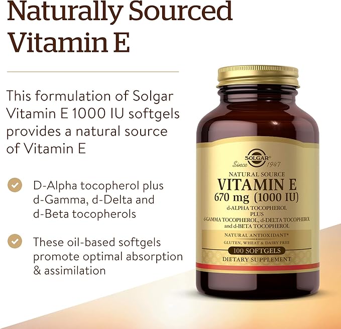 Solgar Vitamin E 1000 IU – Natural Mixed Tocopherols, Antioxidant, Skin & Immune Support – 100 Softgels – Gluten & Dairy Free