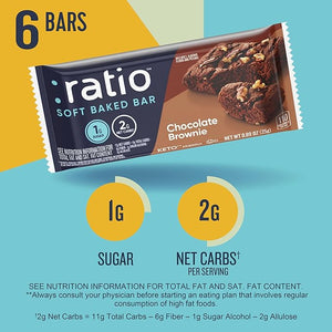 Ratio Soft Baked Bars, Chocolate Brownie – 1g Sugar, Keto Friendly, High Protein, Gluten Free, 6 Bars