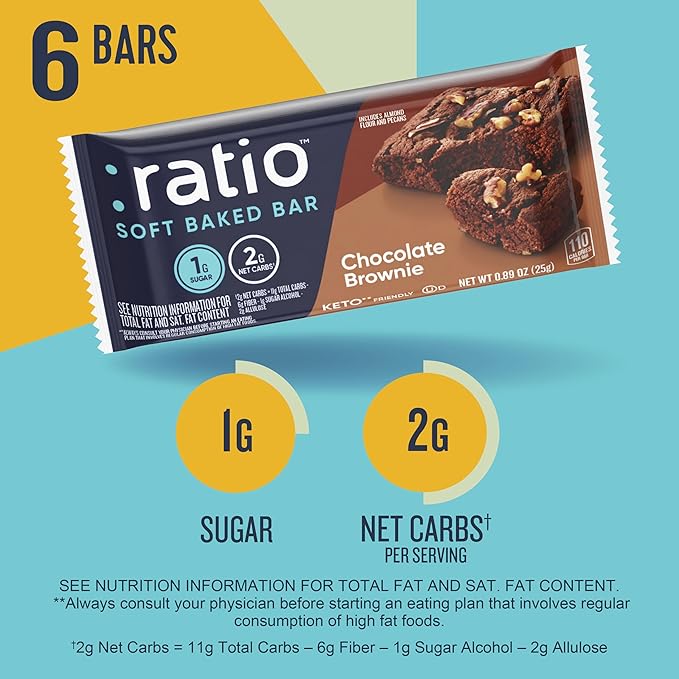 Ratio Soft Baked Bars, Chocolate Brownie – 1g Sugar, Keto Friendly, High Protein, Gluten Free, 6 Bars