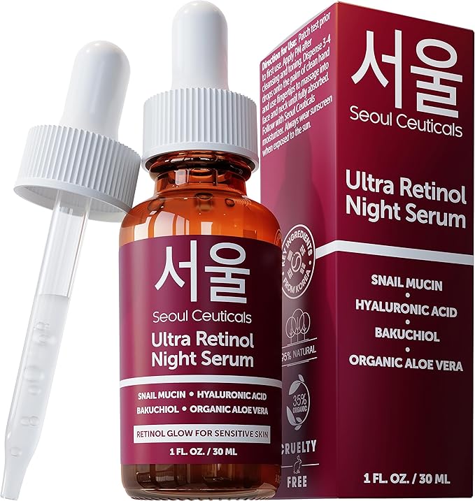 SeoulCeuticals Korean Retinol Night Serum – Snail Mucin & Bakuchiol, 1oz