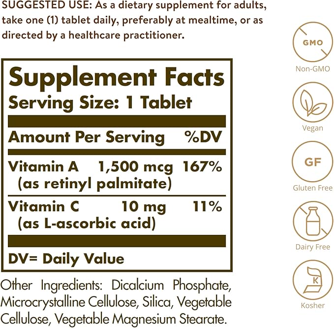 Solgar Dry Vitamin A 5000 IU (1500 mcg) – Eye, Immune & Skin Support – 100 Vegan Tablets – Non-GMO, Gluten Free