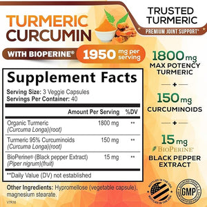 Turmeric Curcumin 1950mg with 95% Curcuminoids & BioPerine – High Absorption Joint & Immune Support – Vegan, Non-GMO, Gluten-Free – 120 Capsules