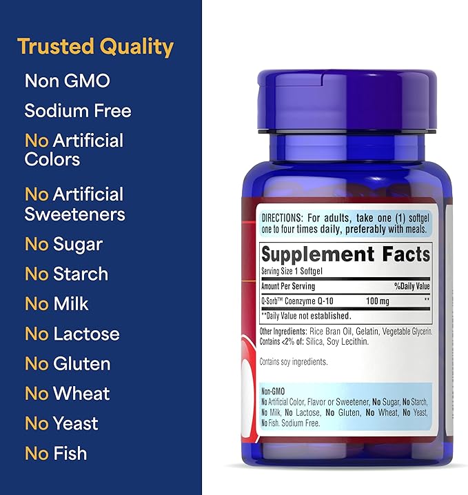 Puritan's Pride CoQ10 100mg – Rapid Release Softgels – Heart, Blood Pressure & Cellular Energy Support – Non-GMO, Gluten-Free – 60 Softgels