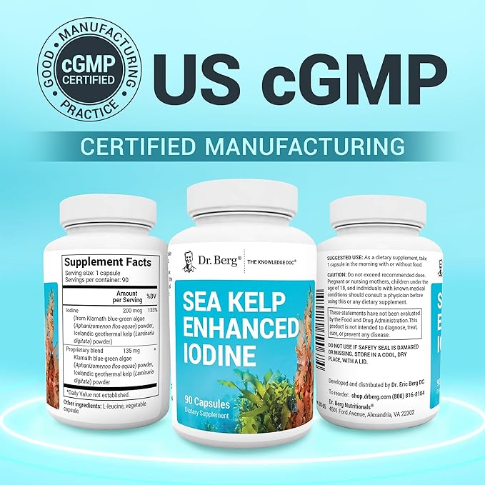 Dr. Berg Sea Kelp Enhanced Iodine 200mcg – Seaweed & Blue-Green Algae Thyroid Support – 90 Capsules