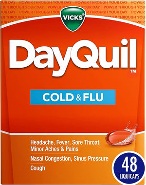 Vicks DayQuil Cold & Flu Relief Liquicaps – Non-Drowsy Daytime Multi-Symptom Medicine for Fever, Cough, Headache, Congestion, 48 Count