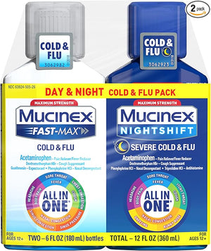 Mucinex Maximum Strength Fast-Max Cold & Flu + Nightshift – 2 Pack (6 fl oz Bottles)