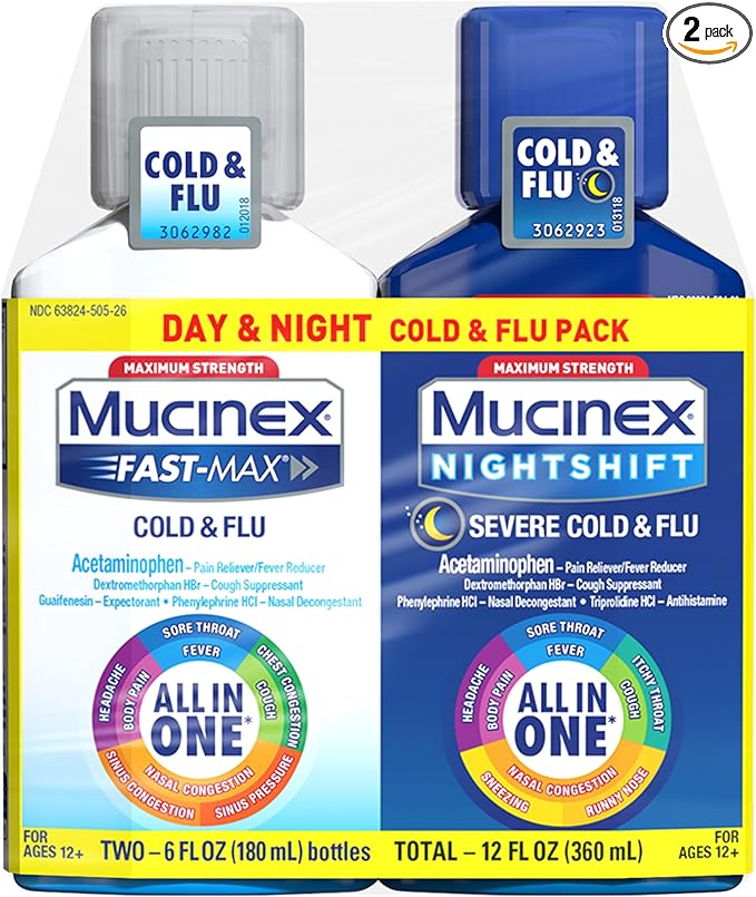 Mucinex Maximum Strength Fast-Max Cold & Flu + Nightshift – 2 Pack (6 fl oz Bottles)