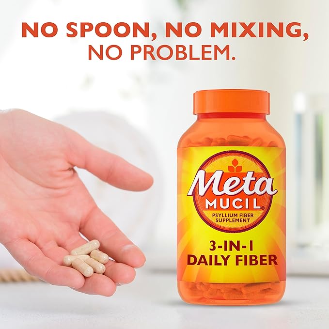 Metamucil Psyllium Husk Fiber Supplement – 3-in-1 Plant-Based Daily Digestive Health Support – Non-GMO, Gluten-Free – 300 Capsules