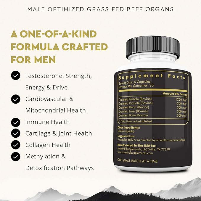 Ancestral Supplements MOFO – Men’s Health & Testosterone Support – Grass-Fed Beef Organs, Vitality & Energy – Non-GMO – 180 Capsules