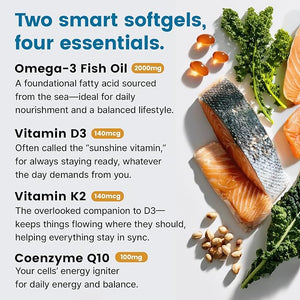 5-in-1 Omega-3 Fish Oil 2100mg – with Vitamin D3, K2 & CoQ10 – Heart, Brain & Immune Support – Lemon Flavored, Non-GMO, Gluten-Free – 120 Softgels