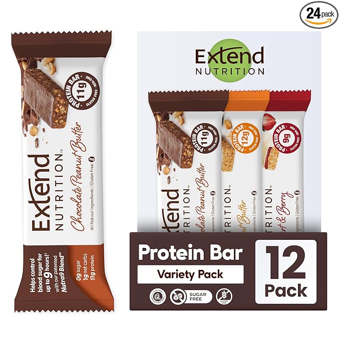Extend Sugar Free Protein Bars – Diabetic Snack, High Protein & Fiber, Hunger Control, Low Carb, Keto Friendly, Variety Pack, 12 Count
