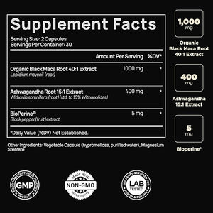 ELMNT Black Maca Root 40,000mg – 40x Strength with Ashwagandha – Organic Peruvian Maca Capsules for Men, Energy & Vitality – Non-GMO, Gluten-Free – 60 Capsules