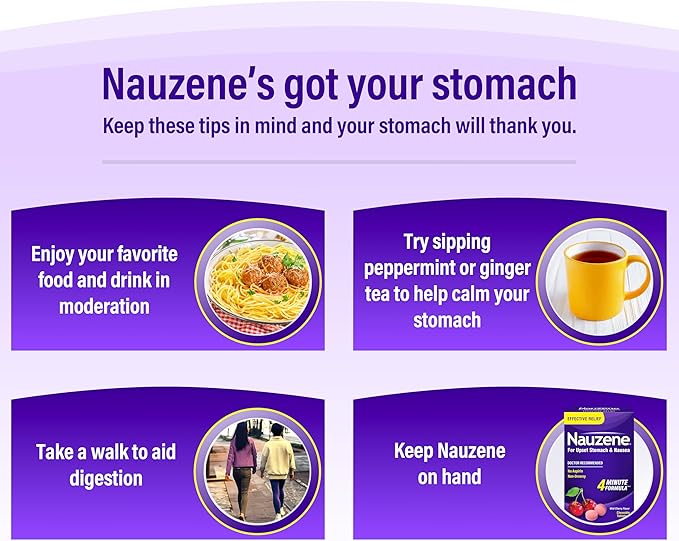 Nauzene Chewable Tablets for Nausea and Upset Stomach Relief – Non-Drowsy, Fast-Acting in 4 Minutes, Wild Cherry Flavor, 42 Count