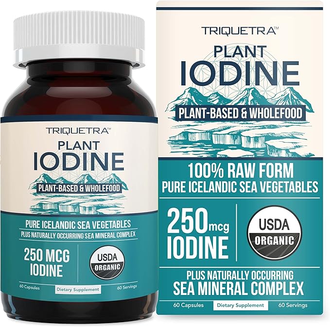 Organic Iodine 250mcg from Sea Kelp, Irish Moss & Bladderwrack – Whole Food Thyroid Support – 60 Capsules