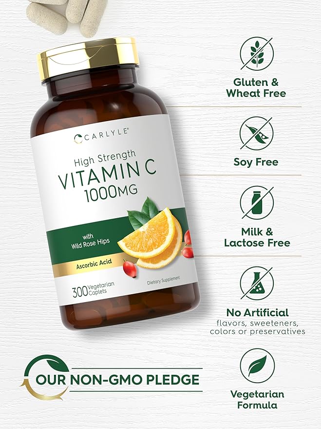 Carlyle Vitamin C 1000mg – High Strength, Immune & Antioxidant Support – Rose Hips – 300 Vegetarian Caplets – Non-GMO, Gluten Free