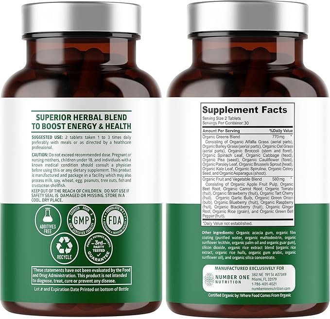 USDA Organic Superfood Greens Capsules – 28 Superfoods with Alfalfa, Beet Root, Ginger & Antioxidants – Energy, Immunity & Digestion Support – 60 Tablets