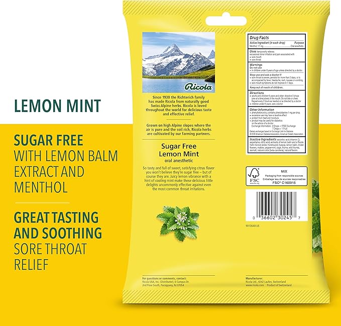 Ricola Sugar Free Lemon Mint Throat Drops 45 Count – Natural Menthol Relief for Dry, Scratchy, and Allergy-Irritated Throats