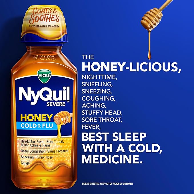 VICKS DayQuil & NyQuil SEVERE Cold & Flu Medicine with Honey Flavor – 9-Symptom Relief, Headache, Fever, Cough, Congestion – 2x12 oz Bottles