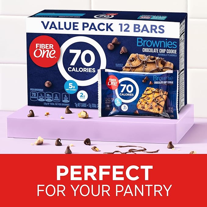 Fiber One 70 Calorie Brownies, Chocolate Chip Snack Bars, Low Sugar, High Fiber, Value Pack, 12 Ct
