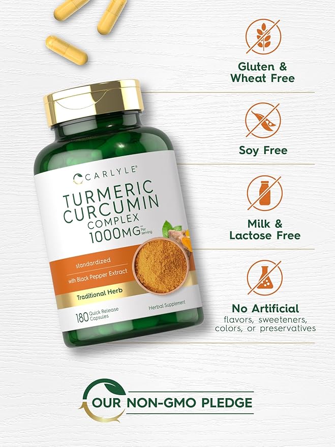 Carlyle Turmeric Curcumin 1000mg with Black Pepper – Turmeric Complex for Joint & Wellness Support – Non-GMO, Gluten-Free – 180 Capsules