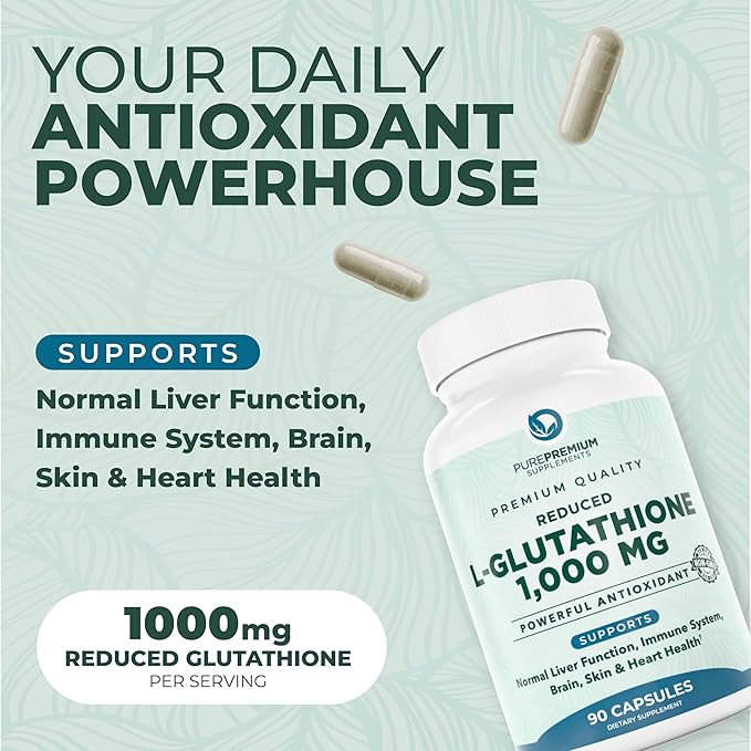 PurePremium Reduced Glutathione 1000mg – Antioxidant for Liver, Brain, Skin & Heart Health – Non-GMO, Gluten-Free – 90 Capsules