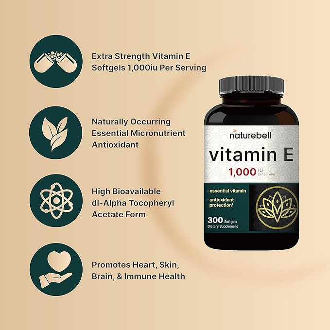 NatureBell Vitamin E Oil 1,000 IU – Antioxidant, Skin, Heart & Immune Support – 300 Softgels – Non-GMO