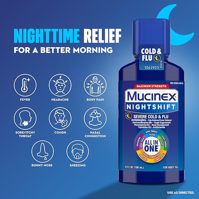 Mucinex Maximum Strength Fast-Max Cold & Flu + Nightshift – 2 Pack (6 fl oz Bottles)