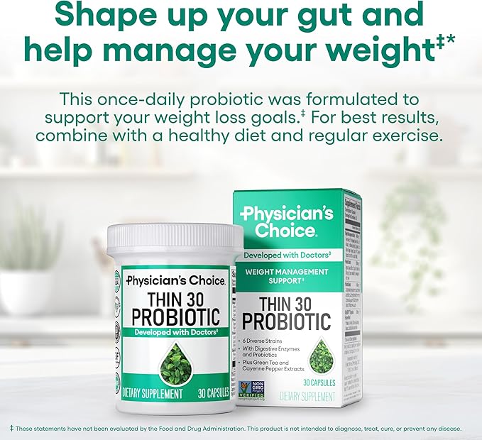 Physician’s CHOICE Thin30 Probiotics – Weight Management & Bloating Relief – 6 Probiotic Strains, Prebiotics, Green Tea & Cayenne – Gut Health for Women & Men – 30 Capsules