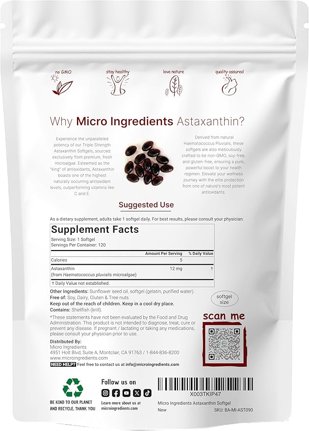 Astaxanthin 12mg – Premium Antioxidant from Microalgae – Eye, Skin, Joint & Circulation Health – Non-GMO, Gluten-Free – 120 Softgels (4-Month Supply)