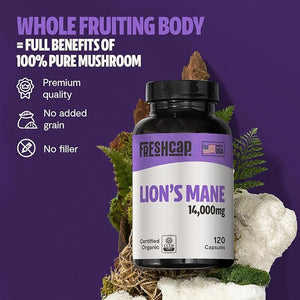 FreshCap Lion’s Mane 14,000mg – High Potency 14:1 Organic Brain & Immune Support – 120 Capsules – Made in USA