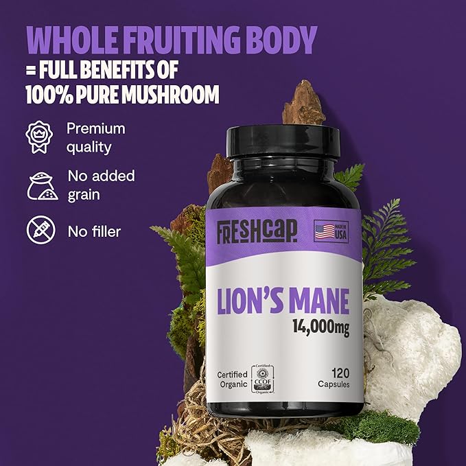 FreshCap Lion’s Mane 14,000mg – High Potency 14:1 Organic Brain & Immune Support – 120 Capsules – Made in USA