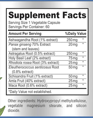 Adaptogen Stress Relief & Immune Support – 9-Herb Adrenal Formula with Ashwagandha, Astragalus, Rhodiola & Maca – Non-GMO – 60 Capsules