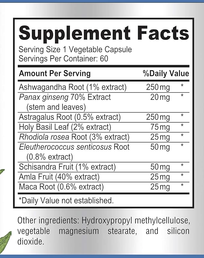 Adaptogen Stress Relief & Immune Support – 9-Herb Adrenal Formula with Ashwagandha, Astragalus, Rhodiola & Maca – Non-GMO – 60 Capsules
