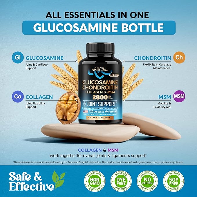 Glucosamine Chondroitin MSM with Collagen – 2800mg Joint Support for Cartilage, Ligaments & Flexibility – FSA/HSA Eligible, Made in USA, Non-GMO, Gluten-Free – 120 Capsules