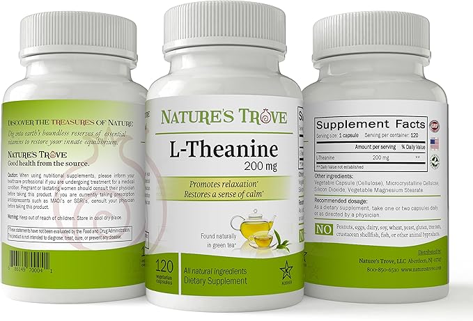Nature’s Trove L-Theanine 200mg – Natural Stress Relief & Relaxation – Non-Drowsy, Green Tea Extract, Vegetarian, Non-GMO, Made in USA – 120 Capsules