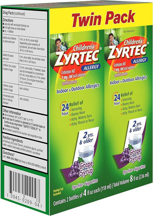 Zyrtec Children’s Allergy Syrup 24 Hour Relief – Sugar-Free Grape Flavor, Cetirizine HCl 5mg per 5mL, Dye-Free, Twin Pack (2 x 4 fl oz)