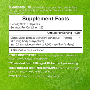 Lion’s Mane Mushroom 7,500mg – 10:1 Fruiting Body & Mycelium Brain & Immune Support – 240 Capsules – Non-GMO