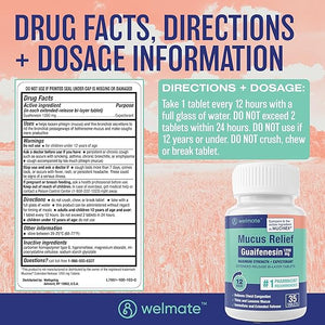 WELMATE Mucus Relief 1200mg, 100 Tablets – 12-Hour Chest Congestion Expectorant – Compare to Mucinex