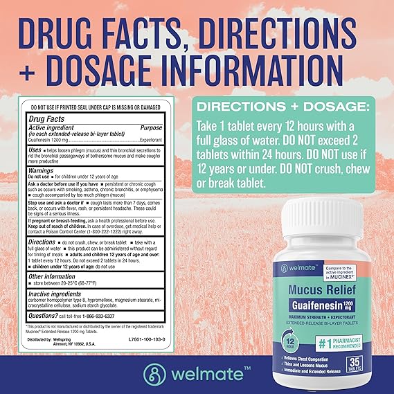 WELMATE Mucus Relief 1200mg, 100 Tablets – 12-Hour Chest Congestion Expectorant – Compare to Mucinex