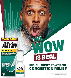 Afrin No Drip Severe Congestion Nasal Mist Spray – 12-Hour Non-Drowsy Decongestant with Menthol, Sinus Pressure Relief, 0.5 fl oz Twin Pack